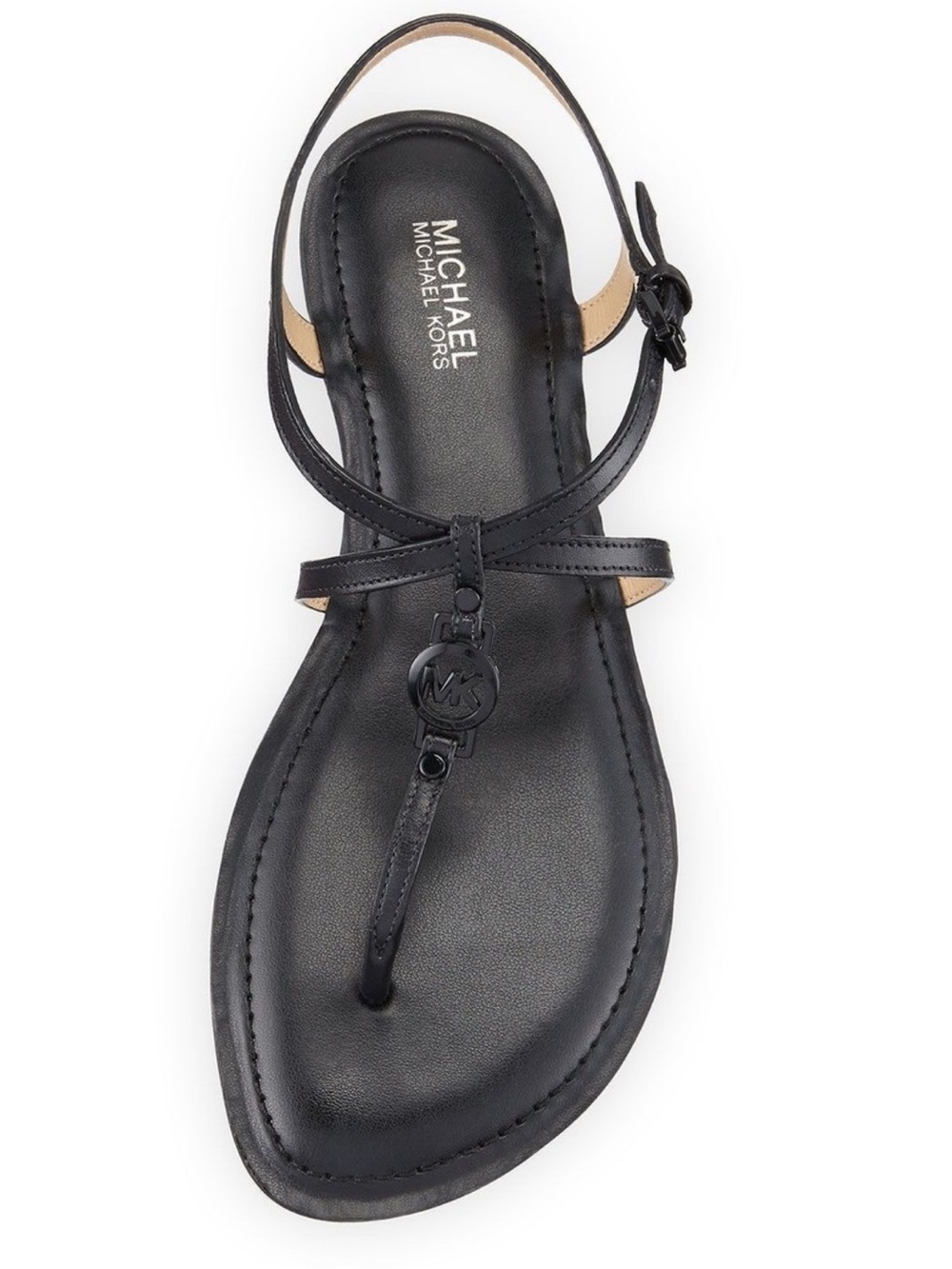Michael Kors Black Leather T-Strap Logo Sandals